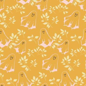 Seamless Halloween pattern with cute smiling ghosts and leafy branches on warm orange background. Playful spooky design for textiles, wrapping, and holiday decor vector