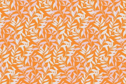 Seamless foliage pattern with delicate white and pink leafy branches on a bright orange background. Elegant botanical design for fabric, wallpaper, wrapping, and print vector