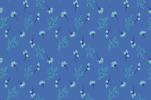 Seamless pattern with delicate turquoise leaves and tiny light blue flowers on deep blue background. Elegant botanical design for fabric, wrapping, wallpaper and prints vector