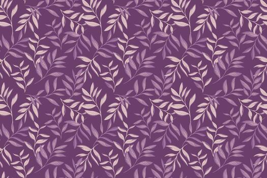 Elegant seamless pattern with hand drawn leafy branches in soft lilac and beige on a deep purple background. Template for fabrics, wallpapers, wrapping, and branding vector
