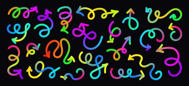 Abstract neon arrows set. Hand drawn line gradient wavy pointer on black background. 3D shapes. Wave rainbow glowing geometric elements for banner, poster, background. Fun doodle swirl strokes vector
