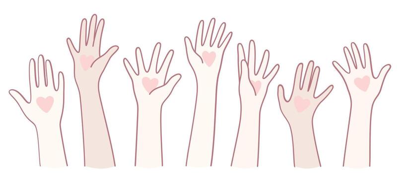Hands Raised with Hearts A Powerful Symbol of Unity, Support, and Togetherness in Community vector