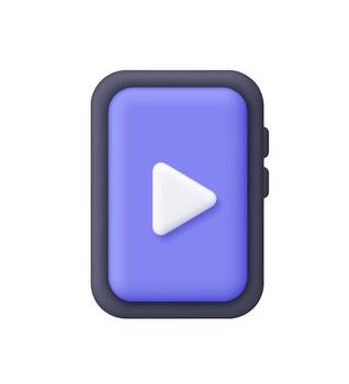 blanco jugar botón en púrpura teléfono inteligente pantalla. multimedia, social medios de comunicación, contenido, transmisión, usuario interfaces y entretenimiento concepto. 3d icono. dibujos animados mínimo estilo. vector