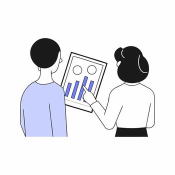 Startup team reviewing performance metrics and growth graphs. Minimalistic illustration. vector