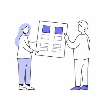 Startup team reviewing performance metrics and growth graphs. Minimalistic illustration vector