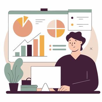Person analyzing data and report charts. Flat illustration. vector