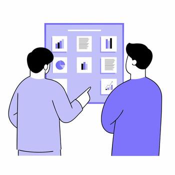 Office workers analyzing statistics, dashboard and graph elements. Minimalistic illustration. vector