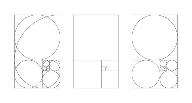 Set of golden ratio templates. Fibonacci array, numbers. Method golden section. Harmony proportions. Outline graphic illustration. vector