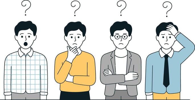 Four men with question marks above their heads expressing confusion and doubt vector