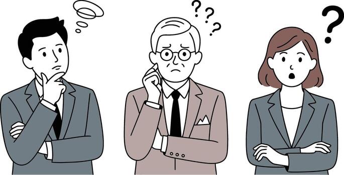 Diverse group of business professionals contemplating and confused with question marks vector