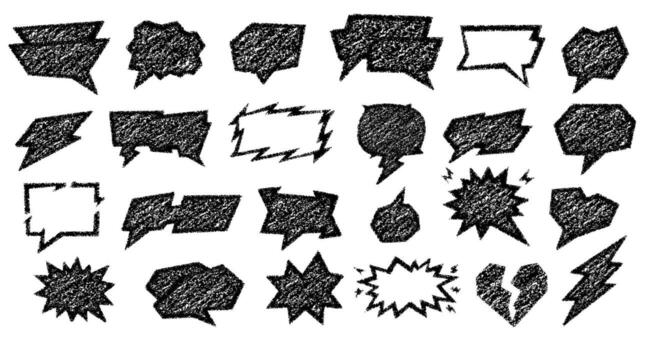 Crayon talk speech bubble with crayon text box in hand drawn frame and chalk sketch style. Crayon talk set includes comic icons, clouds, broken heart, stars and chat signs. vector