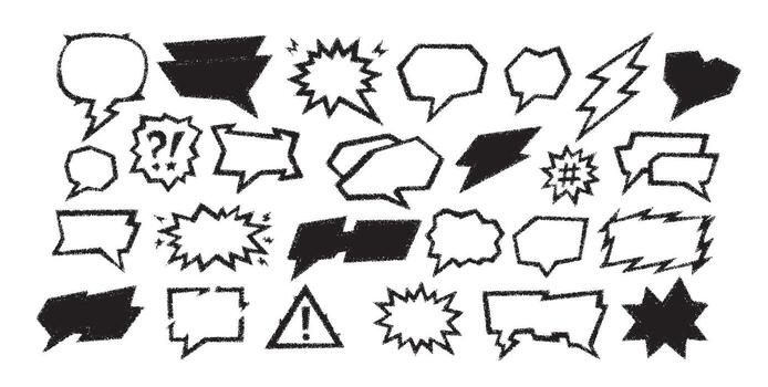 lápiz de color habla marco burbuja conjunto con texto caja en tiza estilo. lápiz de color habla pizarra bg muestra mano dibujado diálogo globo, garabatear charla nube y Japón escritura dibujos animados línea ilustración. vector