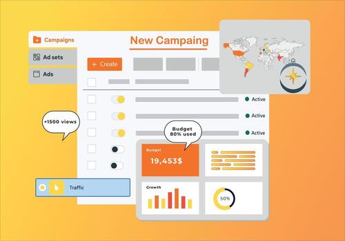 Campaign analytics dashboard. Global marketing data visualization. Advertising interface with charts and budget tracking. vector