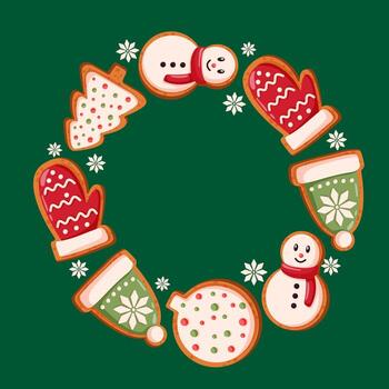 Christmas gingerbread cookie in circular wreath arrangement with snowman, mitten, hat, tree, ball shapes and snowflake on green background in cartoon style. vector