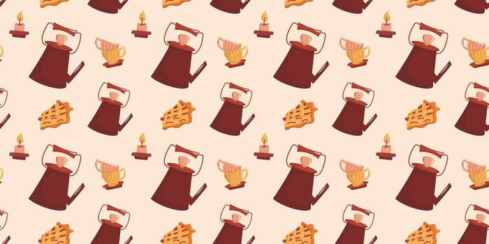 sin costura acogedor modelo con teteras velas y tarta vector