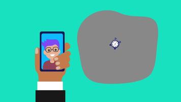 Flat animation of a hand holding a smartphone with a person on screen, next to an alarm clock and megaphone with the text Tax Day,symbolizing online reminder, finance, and deadline. video