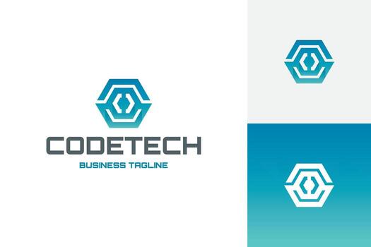 hexagon coding tech logo design vector