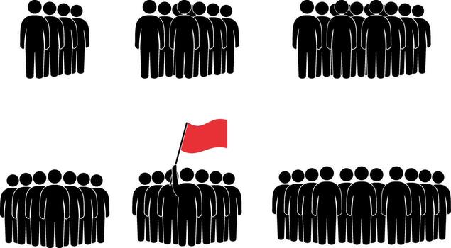 A set of black icons of people standing in a row without a background. vector