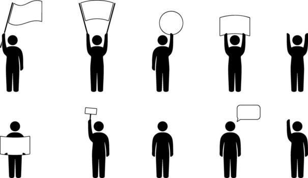 A set of black icons of people and people holding various empty frames for information without a background. vector