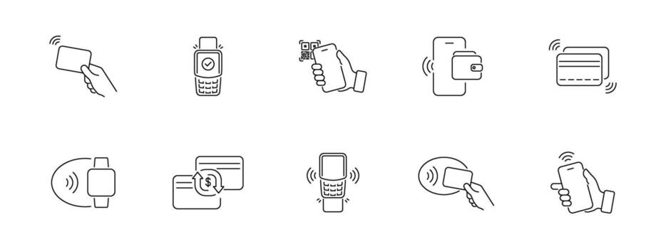 Nfc wireless payment icon set. Fintech apps, online shopping, banking platforms, and financial technology projects symbols. Icons for web, mobile, and UI UX interfaces. illustration. vector