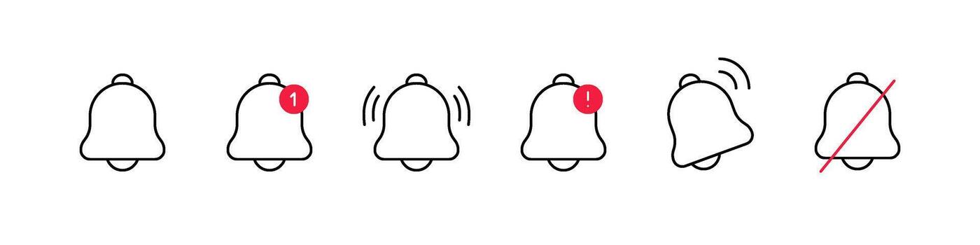 Notification bell icon set. Alert, reminder, alarm, message, notifications, updates, attention signals symbols. illustration. vector