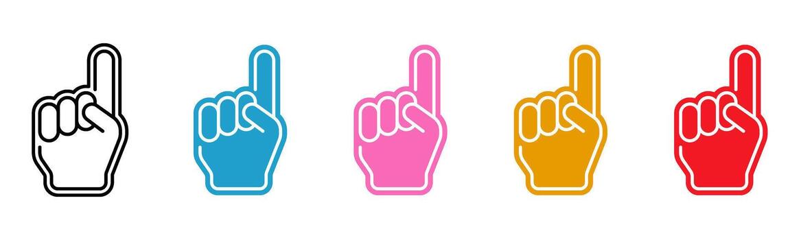 Foam finger icon set. Foam finger fan accessory template. Number one fan glove, sign of support favorite player or team. illustration. vector