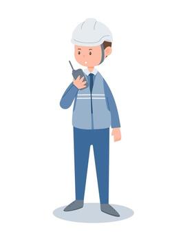 Industrial engineer in helmet using walkie talkie for workplace communication and coordination illustration isolate on white background. vector