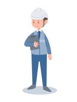 Industrial engineer in helmet holding clipboard for workplace planning and documentation illustration isolate on white background. vector