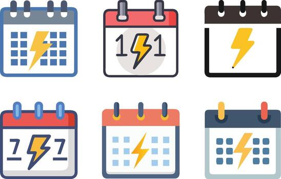 Set of modern calendar icons with dynamic lightning bolt graphics, symbolizing urgent appointments, energetic planning, and critical event reminders for digital scheduling applications vector