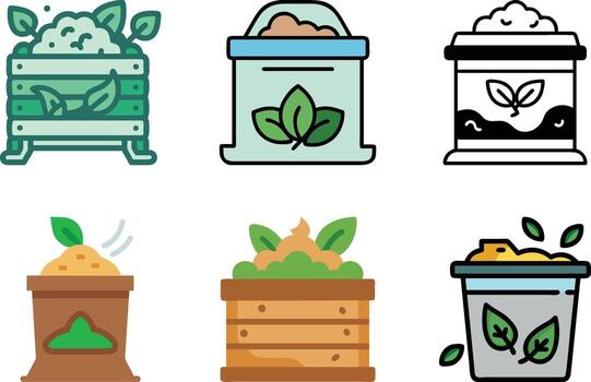 Set of Illustrations for Organic Composting, Soil Enrichment, and Sustainable Gardening Practices, Emphasizing Eco-Friendly Waste Management vector