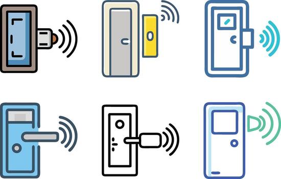 Smart Door Security Systems and Wireless Access Control Icons in Minimalist Designs vector