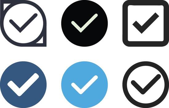 Collection of modern checkmark icons in flat and outline styles. Set of approve symbols in circles and squares for UI design vector