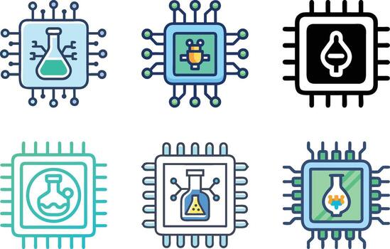 Visual representation of scientific computing, showcasing a chemical flask within a microchip for advanced research, biotechnology, and digital laboratory concepts vector