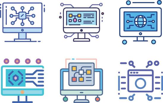 moderno computadora tecnología íconos conjunto red, datos, codificación, y digital interfaz elementos vector