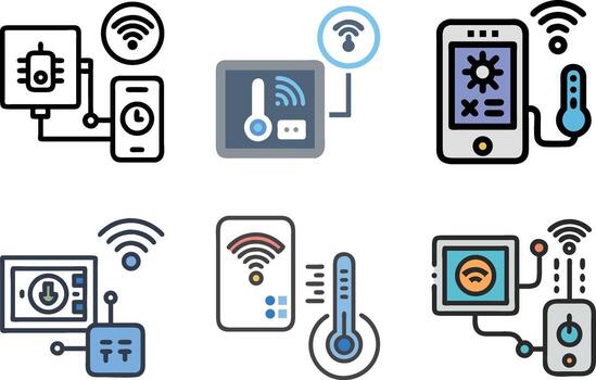 Icons for Smart Home Automation and IoT Systems, Depicting Wireless Device Connectivity and Remote Control Technology vector