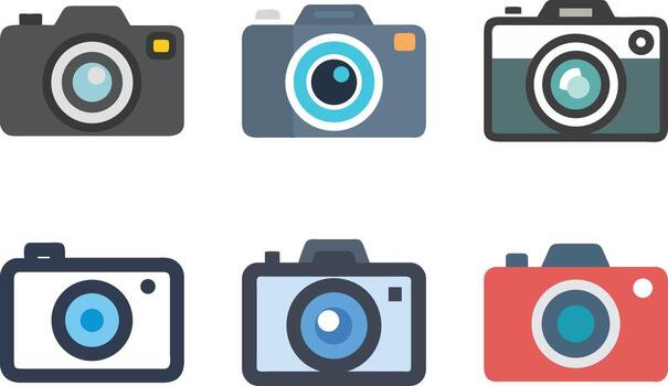 Collection of Modern Flat Design Camera Icons Representing Photography, Digital Devices, and Creative Hobbies in a Clean Style for Graphic Projects vector