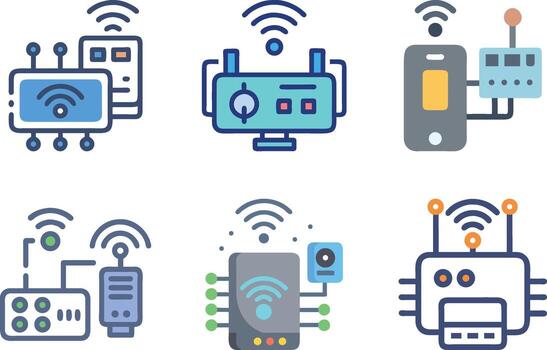 Flat line icons for wireless network, smart devices, and Internet of Things technology, representing digital connectivity vector