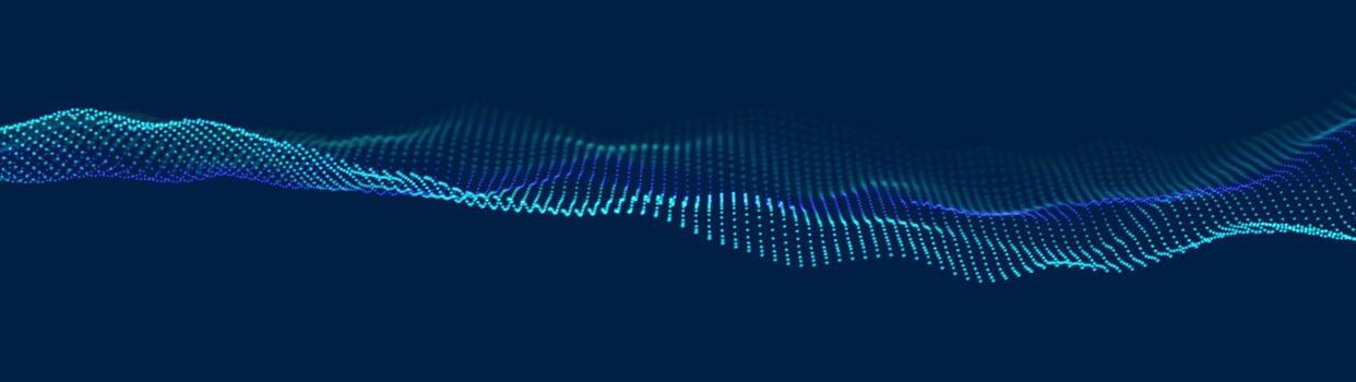 Futuristic 3D digital wave, glowing blue and green dots forming an abstract flowing pattern on a dark blue background. Technology background design representing data flow, AI, and sound waves. vector