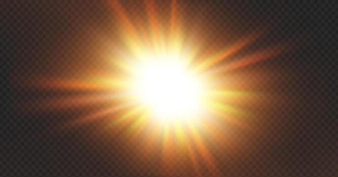 Sun Light Overlay with Flare Effect and Sparkle Ray Background. Bright Yellow Sunburst Glow for Summer Design or Transparent Element. Shiny Bokeh Flash with Magic Spotlight and Golden Beam. vector