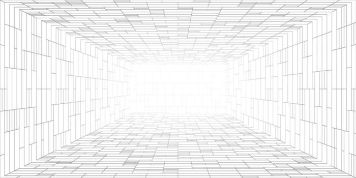 3d cuadrícula habitación con estructura metálica caja modelo y cubo formas para digital antecedentes y espacio. futurista interior con blanco línea malla y tecnología proyección. gráfico modelo con perspectiva diseño. vector