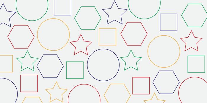 A pattern of various basic geometric shapes drawn with colorful outlines on a white background vector