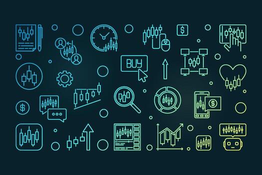 Crypto Currency Investment and Trading Trading Digital Assets horizontal banner in thin line style on dark background vector