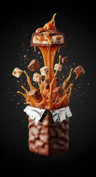Chocolate bar explosion with caramel and nougat on a black background photo