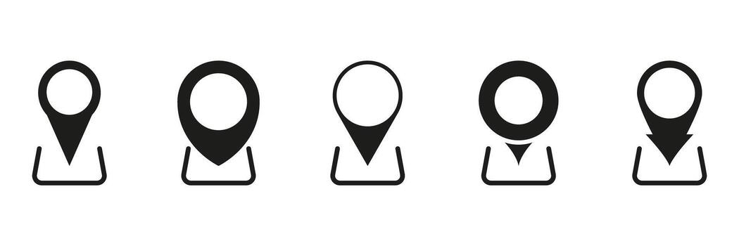 Map Pin on Docking Base Solid Icon Set. Location Marker with Destination Target and Download Pointer Silhouette Symbol Collection. Isolated Illustration vector