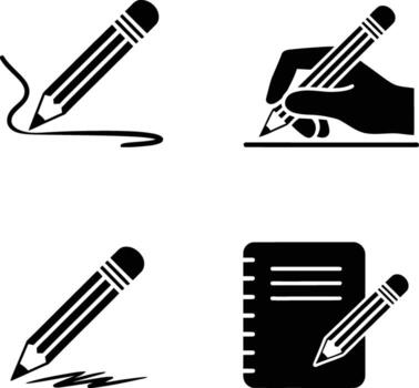 Writing Tools and Actions Depicted in Black and White Icons Representing Composition Creation Note Taking and Document Preparation Task Completion and Design vector