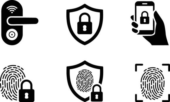 varios seguridad medidas y tecnologías representado en un conjunto de negro y blanco íconos demostración diferente métodos de autenticación vector