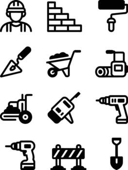 construcción sitio íconos exhibiendo herramientas, materiales, y personal simbolizando edificio, renovación, y infraestructura desarrollo proyectos con necesario equipo y personal vector