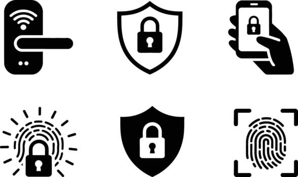 A Variety of Security Icons Representing Different Methods of Security Including Smart Locks, Phone Security, and Biometric Fingerprint Scanning Technology vector