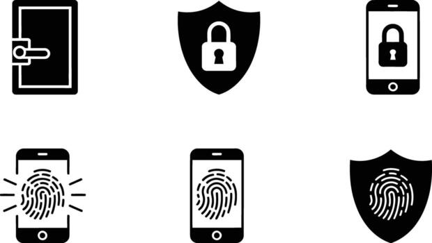 Security and Protection Icons Digital and Physical Access Control Door Lock Shield Smartphone Fingerprint Security System Biometric Security Protection Concept vector
