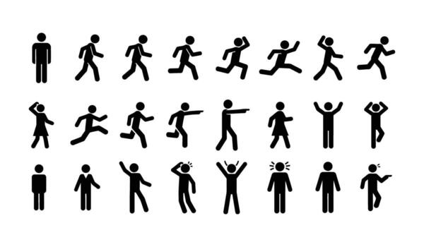stick figures showing different actions including standing walking running jumping and expressing emotions vector